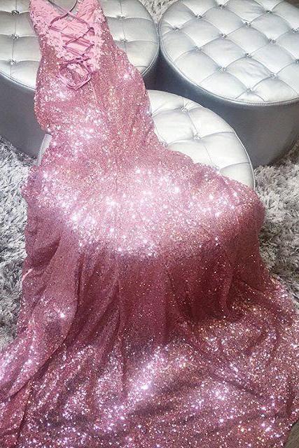 Evening Dresses 2017,Pink Stretch Sequin V Neck Fishtail Evening Party Dress,Formal Prom Gown With Open Back