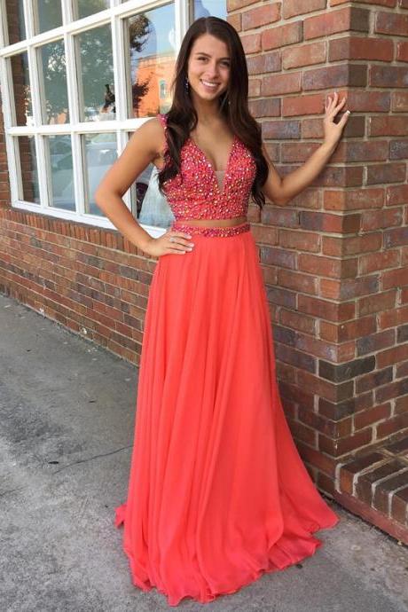 Prom Dresses,Coral Prom Dresses,Two Piece Prom Dress,Crystal Chiffon Prom Party Dresses,Prom Dresses 2017