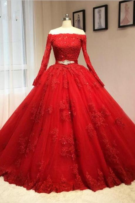 Red Wedding Dresses,Red Ball Gowns,Long Sleeves Wedding Dresses,Lace Appliques Ball Gown Wedding Dresses 2017,Real Images Bridal Dresses