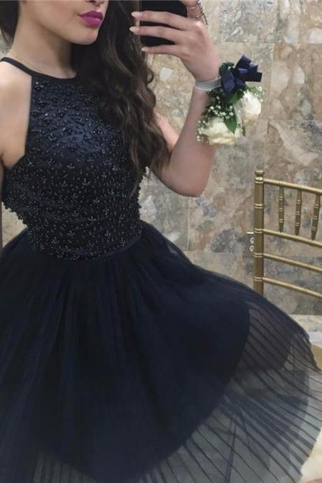 Black Girl Dresses,Sexy Halter Beads Tulle Puffy Homecoming Dresses,Black Short Prom Dresses,Wedding Party Dresses 2016,Cocktail Party Dresses,Dresses for Graduation