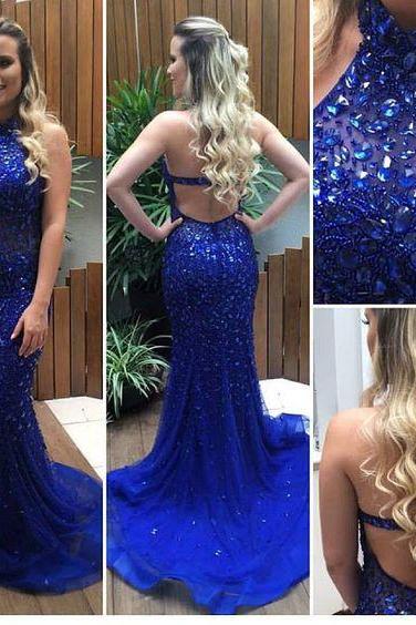 Sexy Prom Dresses,Halter Backless Royal Blue Crystal Evening Party Dresses,Royal Blue Prom Dresses,Party Dresses.Mermaid Prom Dresses