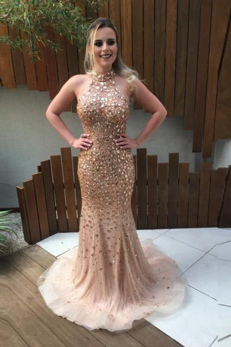 Gold Champagne Crystal Evening Party Dress,Sexy Prom Dresses Long,Luxury Mermaid Evening Dresses 2017