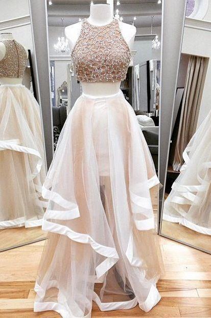 Beads Tulle Two Piece Prom Dresses,Light Champagne Asymmetry Skirt Long Prom Dresses,Gorgeous Party Dresses,Prom Dresses for Girls