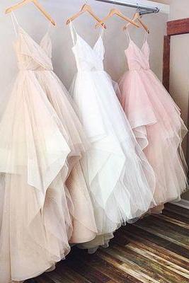 Spaghetti Straps Pleated Tulle Pink Wedding Dresses,Pink Bridal Dresses 2017,Romantic Summer Beach Wedding Dresses,Wedding Dresses 2017