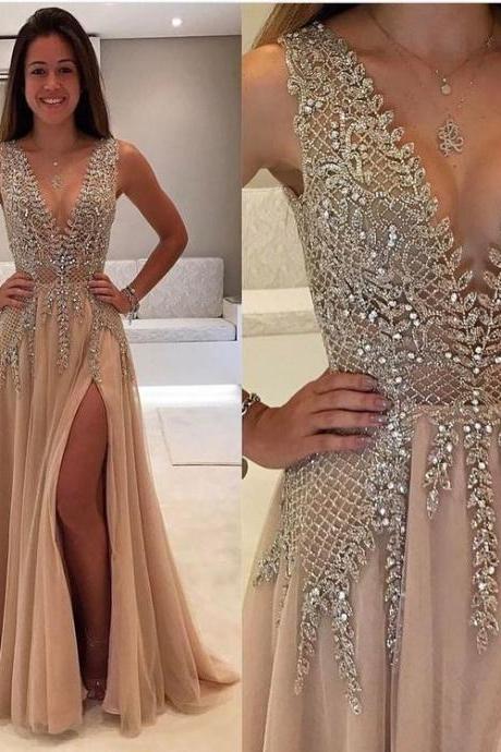 Beads and Crystal Top Chiffon Prom Dresses Long, Prom Dresses 2017,Party Dresses,Side Slit Sexy Prom Dresses