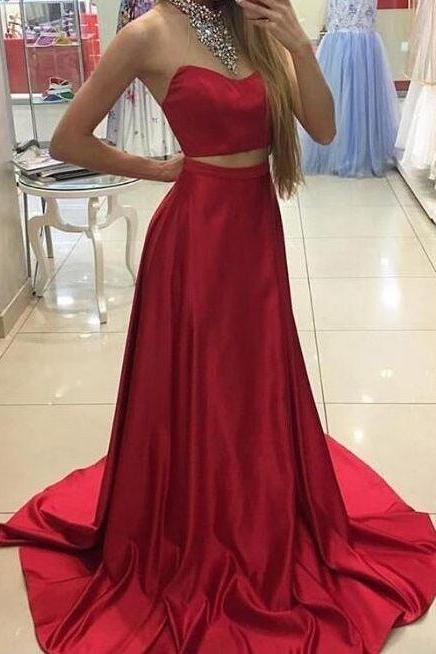 Two Piece Prom Dresses,Red A Line Satin Prom Dresses Long,Prom Dresses 2017,Party Dresses 