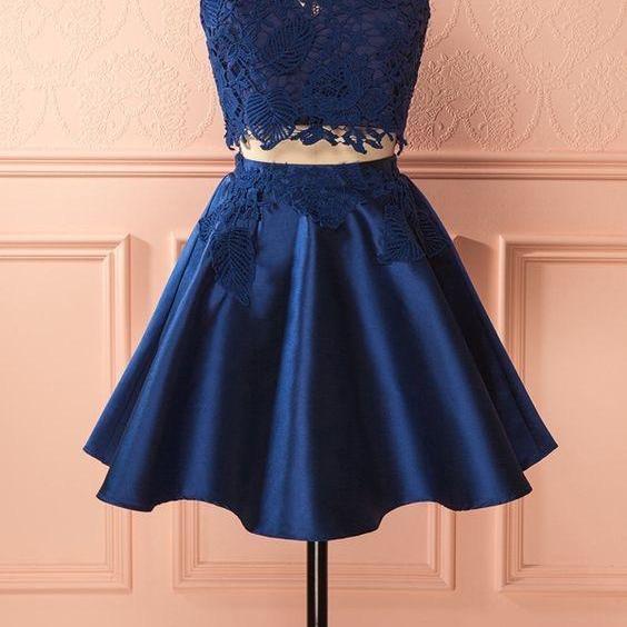 Navy Blue Lace And Satin Two Piece Prom Dressessleeveless Two Piece