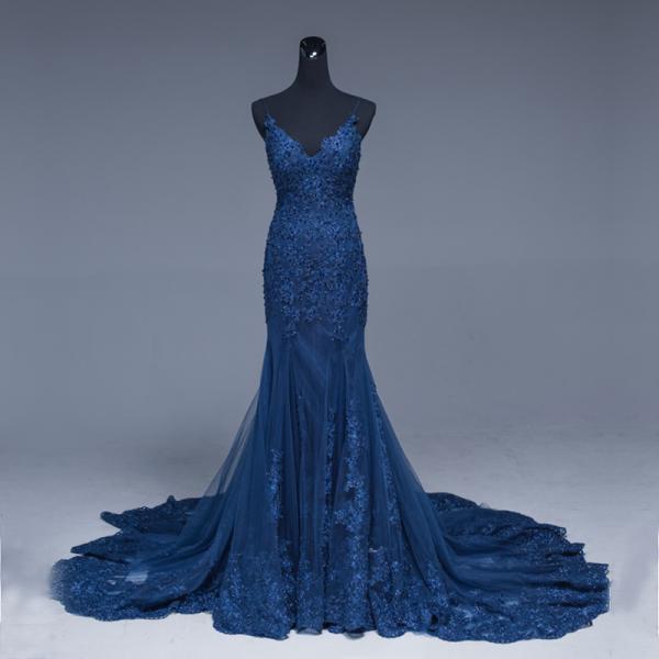 Spaghetti Straps Mermaid Evening Dresses,navy Blue Lace Appliqued ...