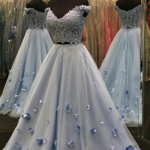 Lace and Tulle Two Piece Prom Dresses,Light Sky Blue Prom Dresses 2019,Off the Shoulder Spring 2019 Dresses for Prom 