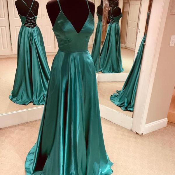 Emerald Green Cross Back Prom Dress,Sexy V Neckline Long Prom Dresses,Sweep Train Party Dresses 2019