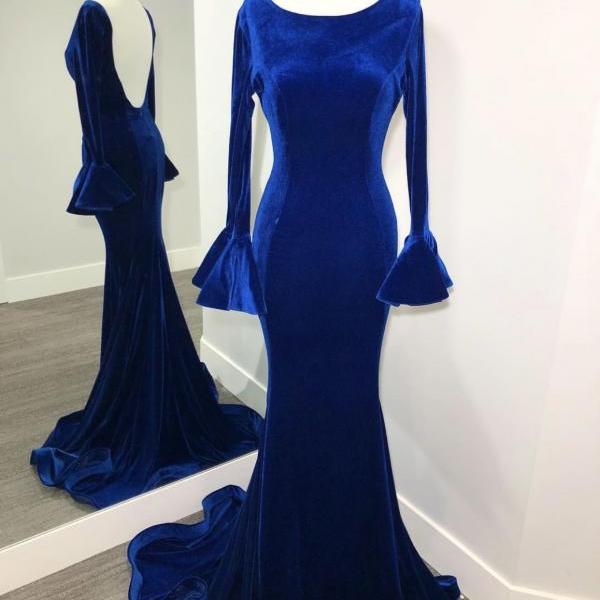 Ruched Long Sleeves Velvet Evening Dresses 2019,Royal Blue Mermaid Evening Party Dresses,Backless Formal Dresses