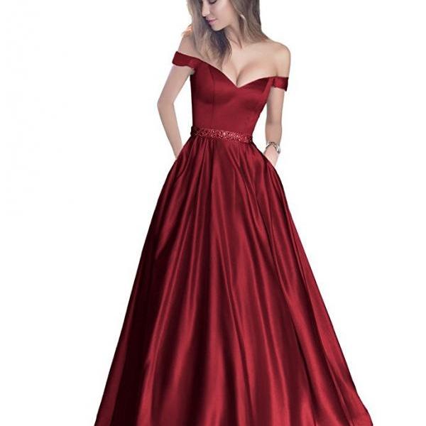 Princess Off The Shoulder Prom Gowns,Burgundy Prom Dresses,Satin Gowns ...