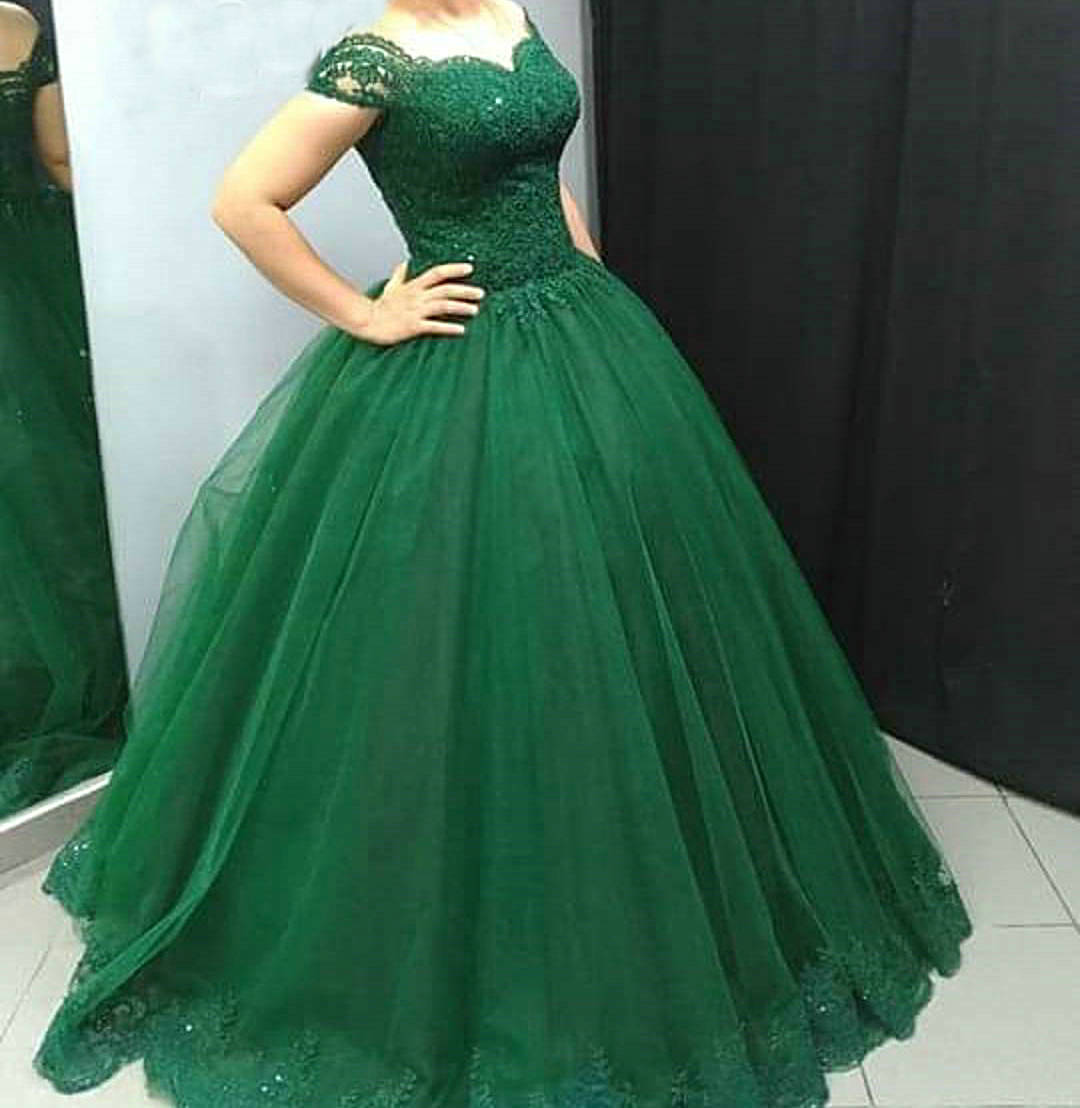 Short Sleeves Ball Gown Emerald Green Prom Dresses,Vestido De Longo ...