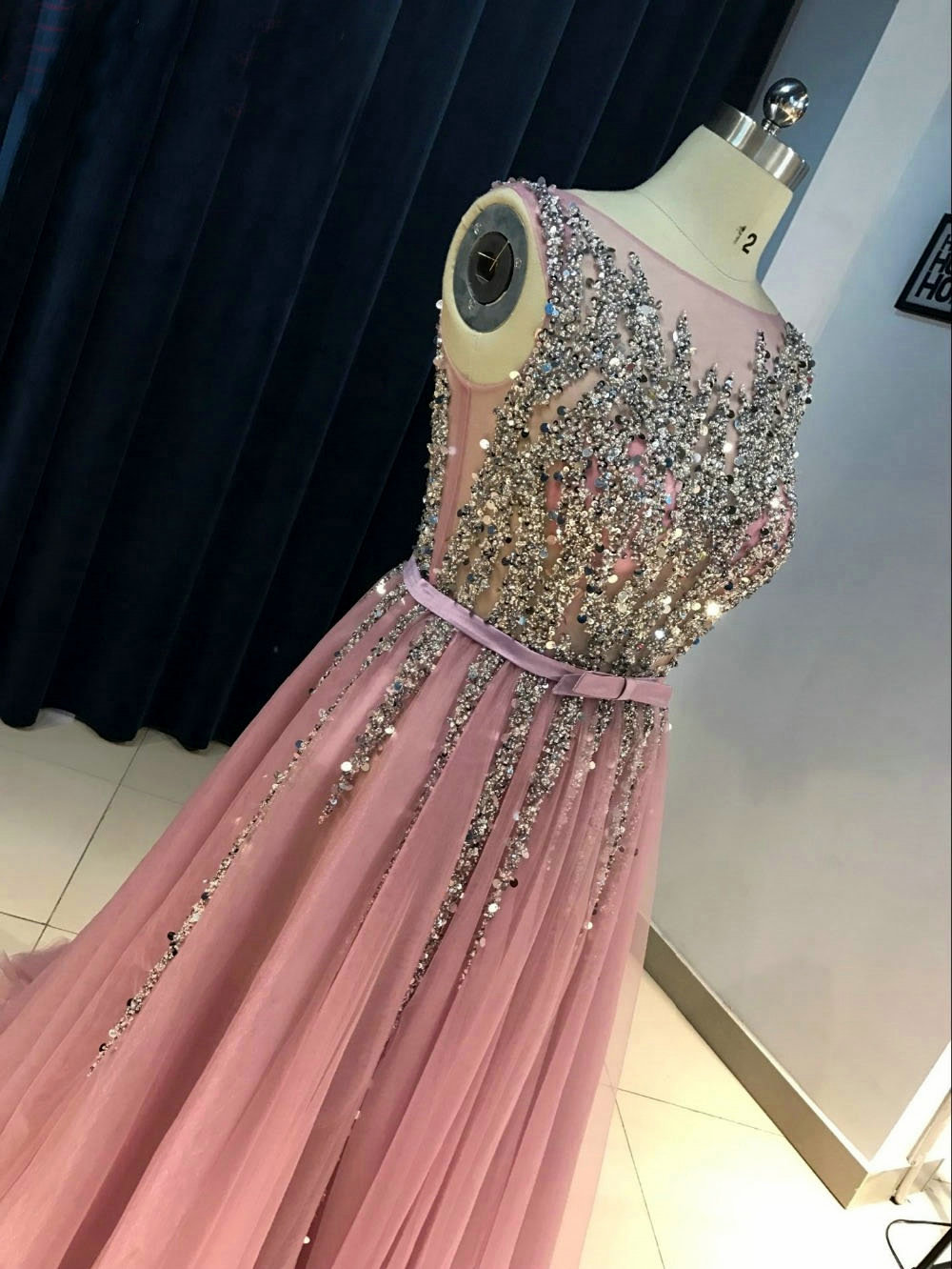 Beige High-Neck Sequin Evening Dress