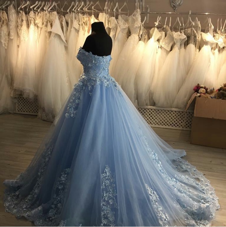 Embroidery Flower Lace Prom Dresses Ball Gown,Light Blue Tulle Bridal ...