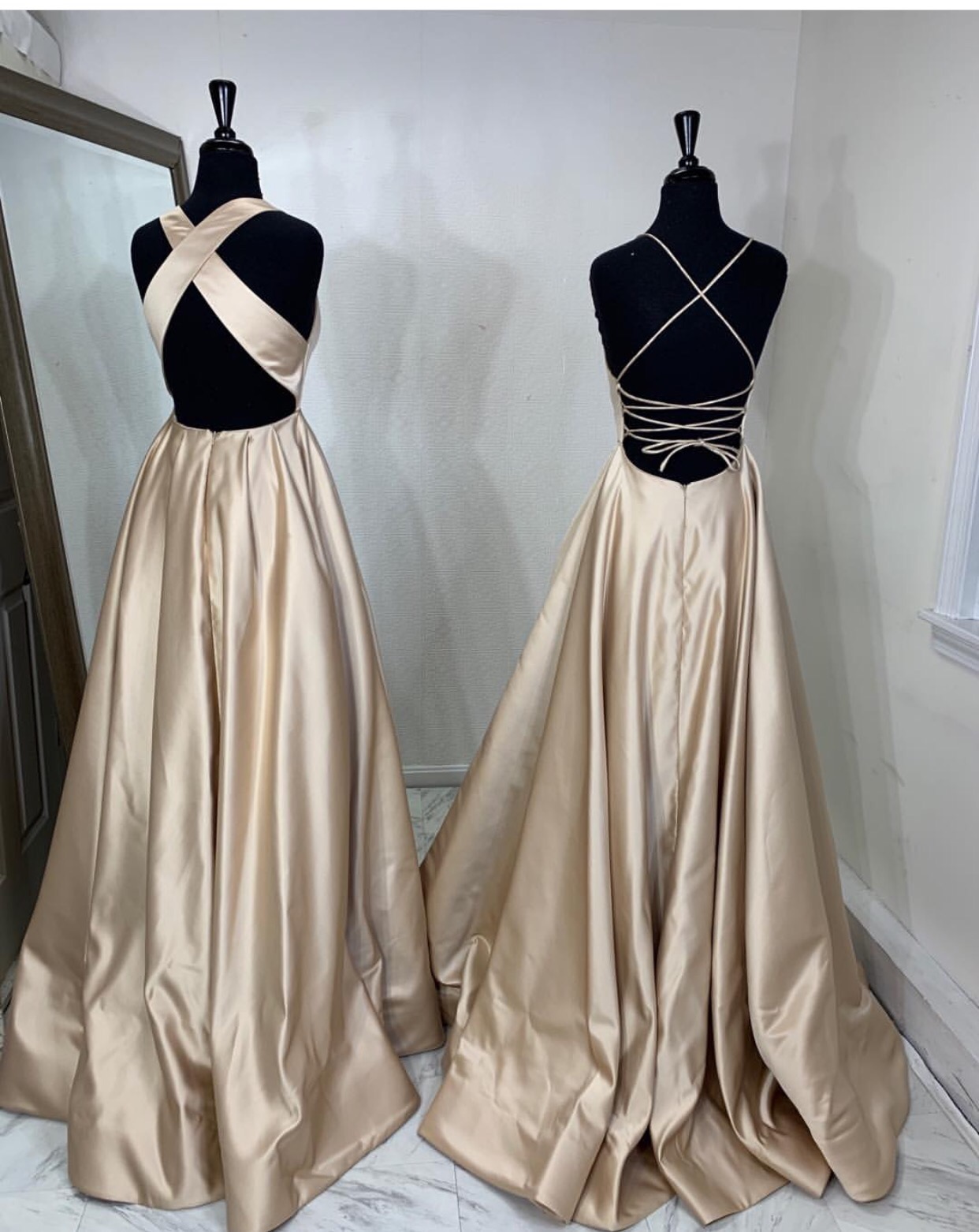 Halter Neck Prom Dresses 2019champagne Gold Evening Gownscross Back Long Prom Dresses On Luulla 1886