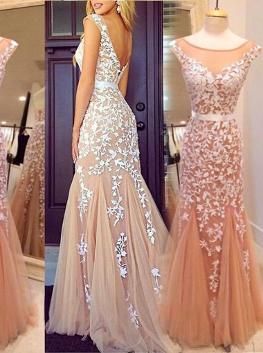 Nude Prom Dresses Appliqued Lace Flower Prom Dress Tulle Prom Dress