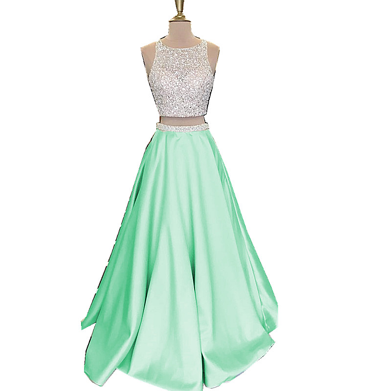 Two Piece Prom Dresses,beautiful Open Back Sequins Mint Satin Prom ...